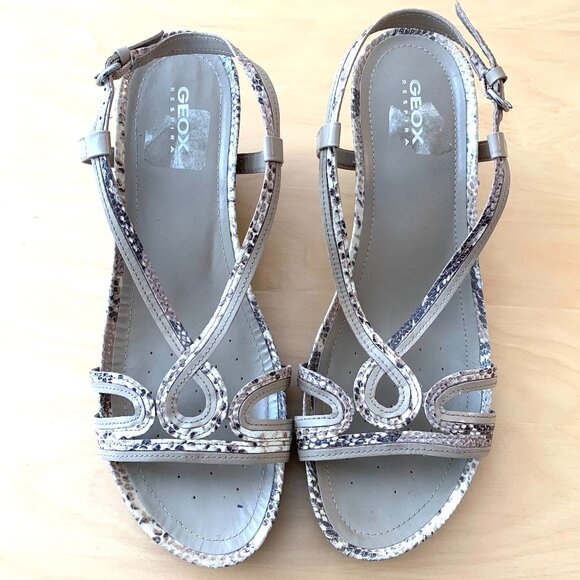 Geox Taupe Patent Leather With Snakeskin Trim Sandals - Picture 1 of 5